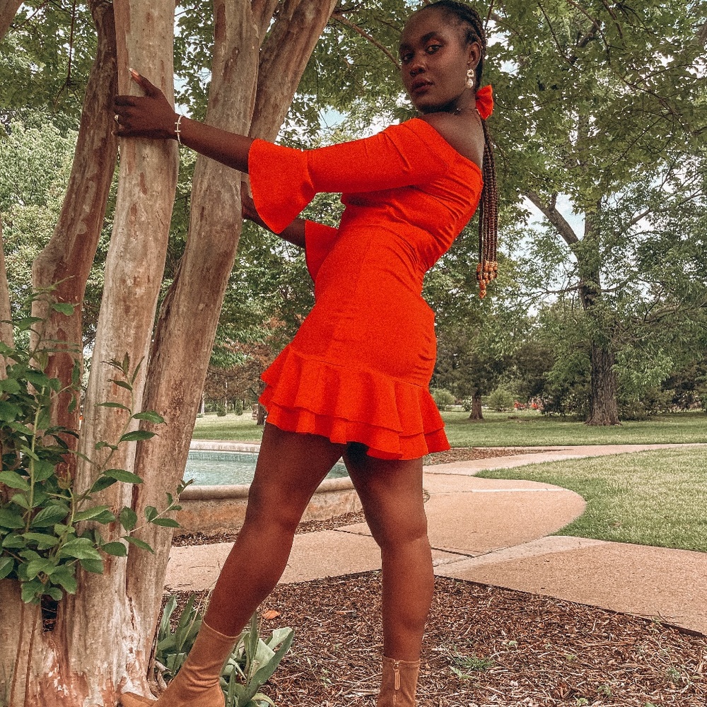 Orange Chic Bardot Dress with frills size 6
